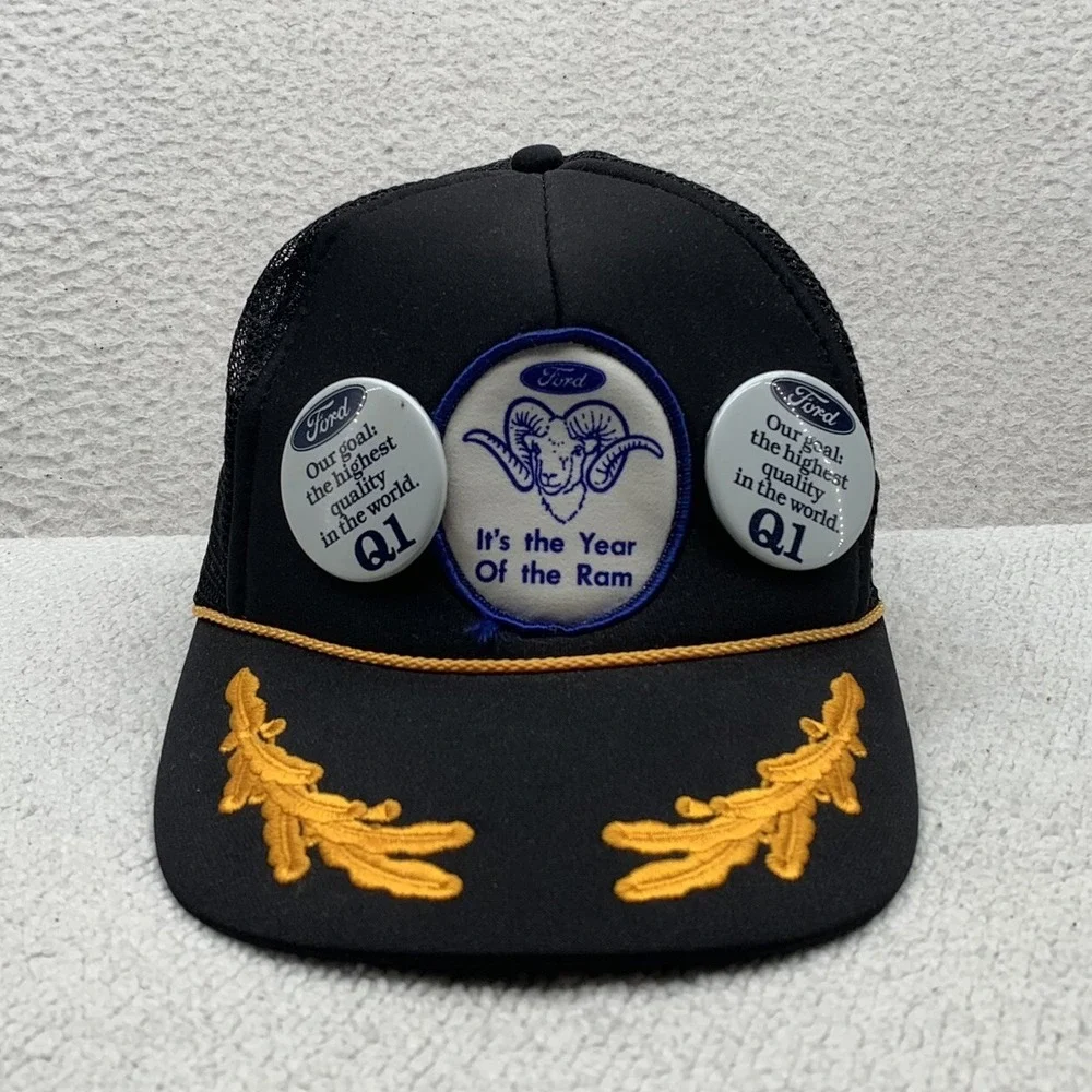 VTG‎ Otto Ford Trucker Hat Mens Snapback Gold Leaf Rope Ram Patch Buttons Pins